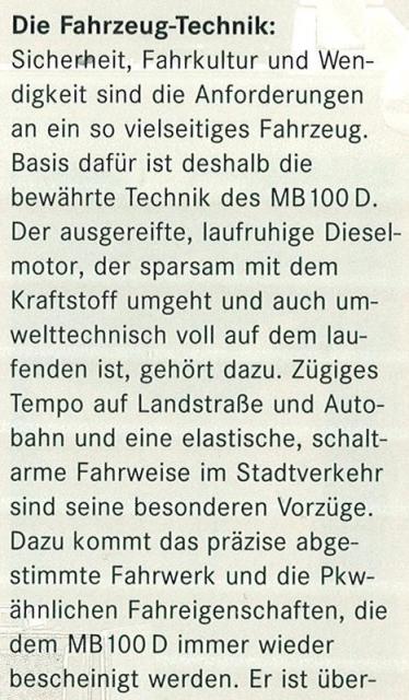 Fahrzeugtechnik des MB100, Prospekttext